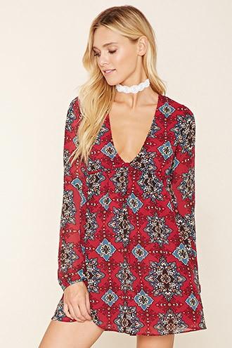 Forever21 Women's  Burgundy & Teal Ornate Print Dress