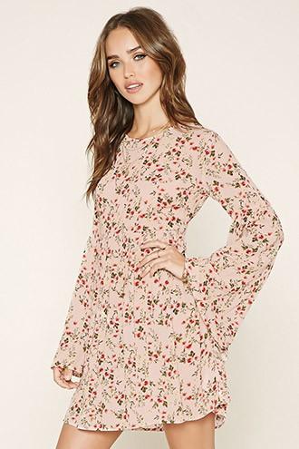 Forever21 Women's  Pink & Green Floral Print Smock Dress