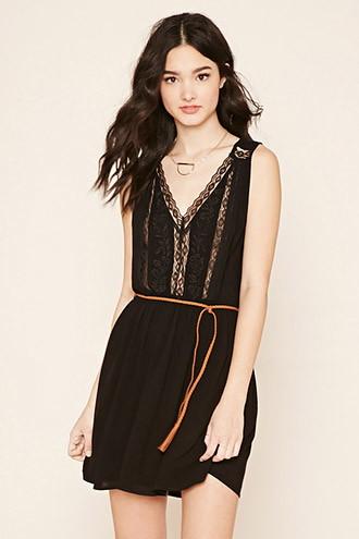 Forever21 Women's  Black Belted Floral Lace Dress