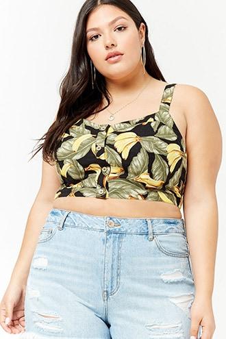 Forever21 Plus Size Banana & Leaf Print Linen-blend Crop Top