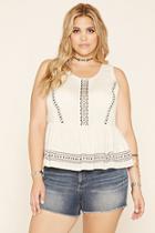 Forever21 Plus Women's  Cream & Burgundy Plus Size Embroidered Top