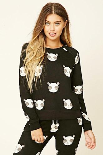 Forever21 Women's  Black & Cream Happy Panda Print Pj Tee