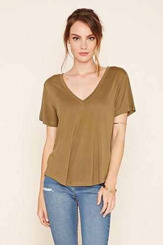 Love21 Women's  Olive Contemporary Slub Knit V-neck Tee