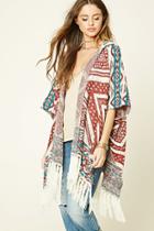 Forever21 Women's  Cream & Rust Fringed Geo-patterned Poncho