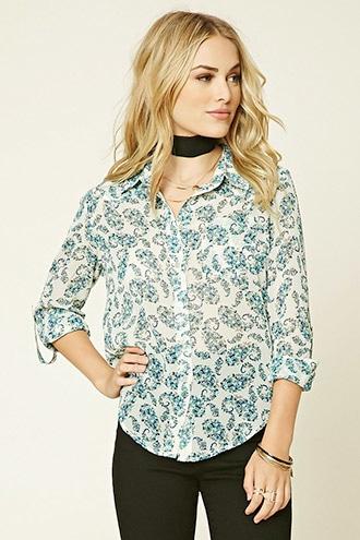 Forever21 Women's Taupe Woven Floral Print Shirt