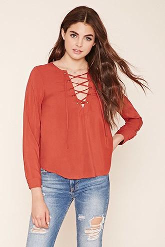 Forever21 Women's Rust Lace-up Woven Top