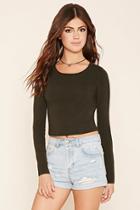 Forever21 Women's  Olive Cropped Crew Neck Sweater