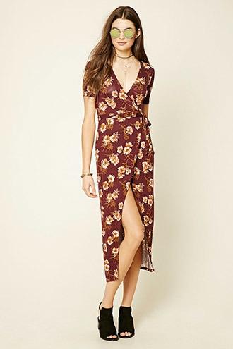 Forever21 Women's  Burgundy & Rust Floral Print Wrap Maxi Dress