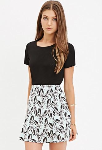 Forever21 Women's  Floral Print Skater Skirt (blue/black)