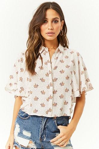 Forever21 Floral Pin Dot Ruffle-trim Shirt