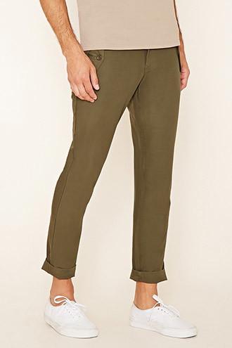 21 Men Men's  Olive Slim Fit Cotton Pants