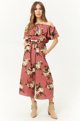Forever21 Floral Print Off-the-shoulder Jumpsuit