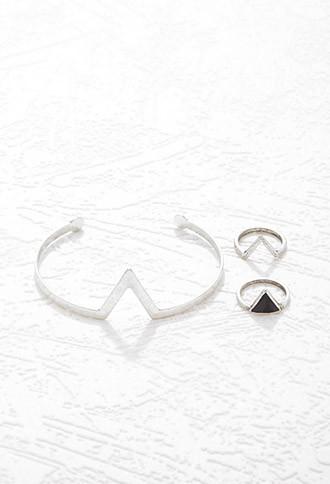 Forever21 V-cutout Wrist Cuff And Ring Set (b.silver)