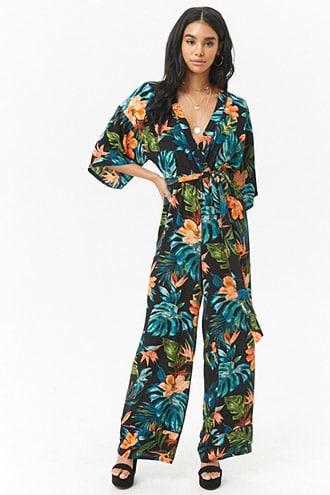 Forever21 Crepe Tropical Print  Surplice Jumpsuit