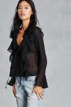 Forever21 Women's  Black V-neck Ruffle Top