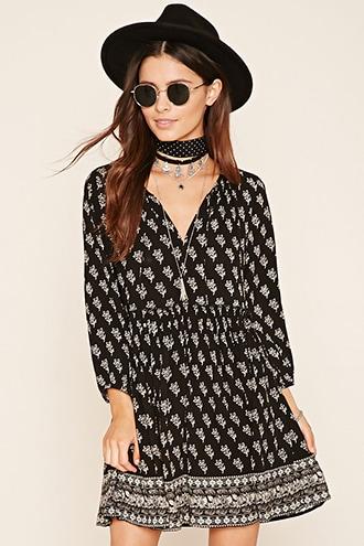 Forever21 Women's  Black & Cream Floral Self-tie Peasant Dress