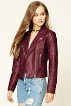 Forever21 Women's  Burgundy Faux Leather Moto Jacket