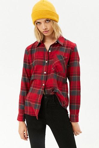 Forever21 Plaid Curved Hem Shirt