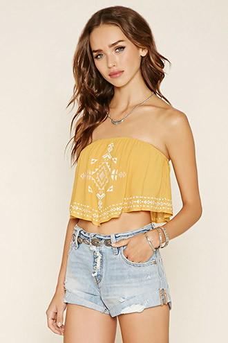 Forever21 Women's Mustard & White Embroidered Crop Top