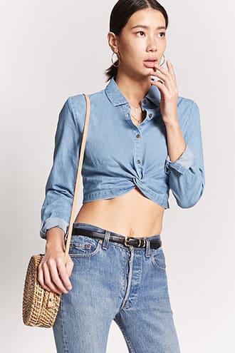 Forever21 Denim Twist-front Crop Top