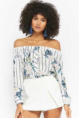 Forever21 Striped Floral Off-the-shoulder Top