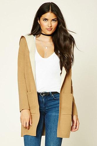 Forever21 Women's  Camel & Taupe Longline Hooded Cardigan