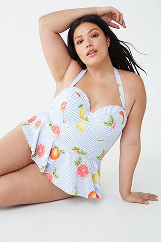 Forever21 Plus Size Striped & Citrus One-piece Swimsuit