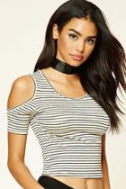Forever21 Women's  Black & Oatmeal Striped Open-shoulder Top