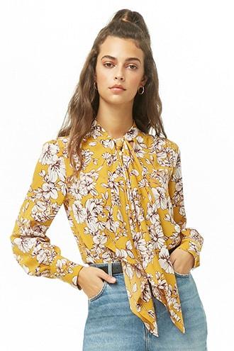 Forever21 Floral Print Split-neck Top