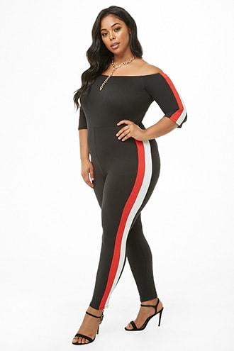 Forever21 Plus Size Striped-trim Off-the-shoulder Jumpsuit