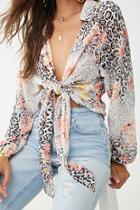 Forever21 Floral & Leopard Print Tie-front Top