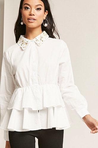 Forever21 Embellished Poplin Tiered Flounce Top