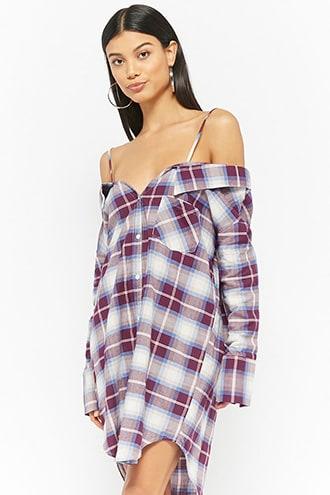 Forever21 Plaid Open-shoulder Shirt Dress