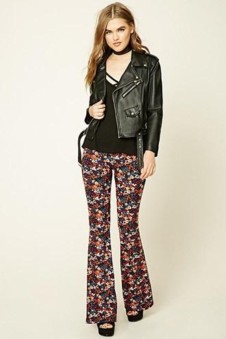 Forever21 Women's  Black & Blue Floral Print Flared Pants