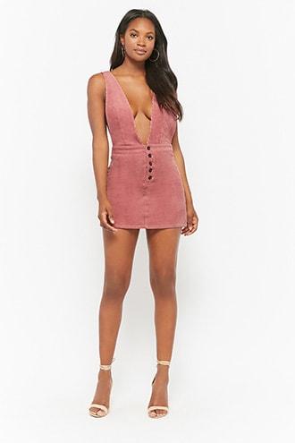 Forever21 Plunging Corduroy Overall Dress