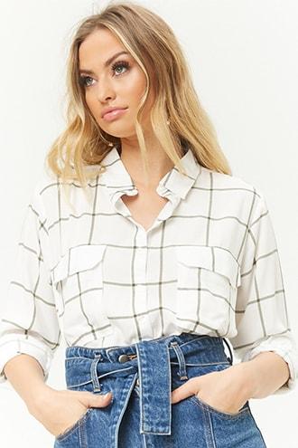Forever21 Grid Print Dolphin-hem Shirt