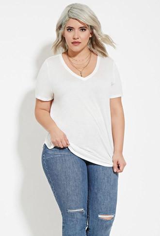 Forever21 Plus Women's  White Plus Size Classic V-neck Tee