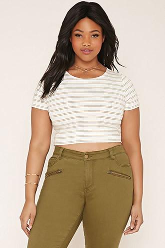 Forever21 Plus Women's  Cream & Mustard Plus Size Striped Crop Top