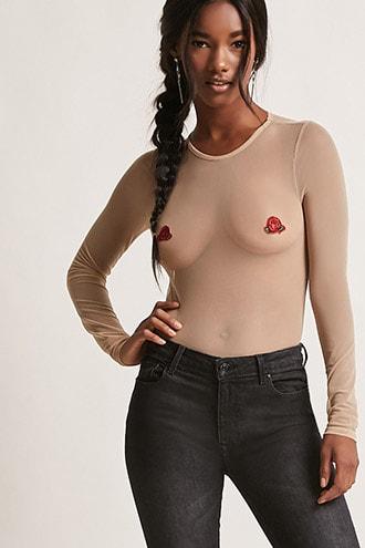 Forever21 Rose Embroidered Mesh Top