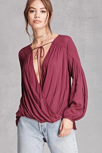 Forever21 Women's  Wine Surplice Self-tie Front Top