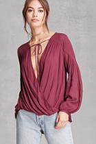 Forever21 Women's  Wine Surplice Self-tie Front Top