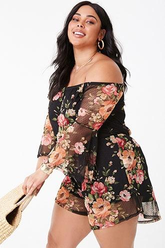 Forever21 Plus Size Sheer Floral Pin Dot Romper