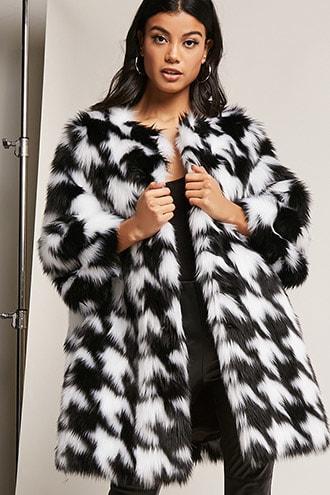 Forever21 Shaci Faux Fur Houndstooth Coat