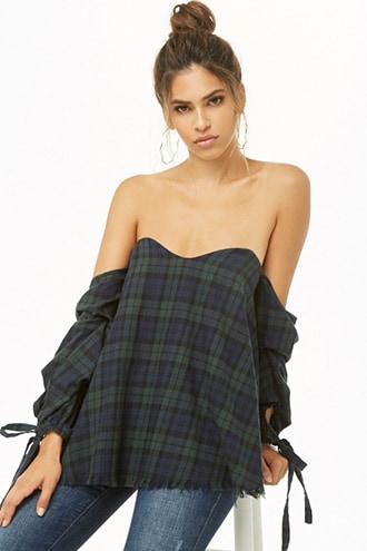 Forever21 Flannel Plaid Off-the-shoulder Top