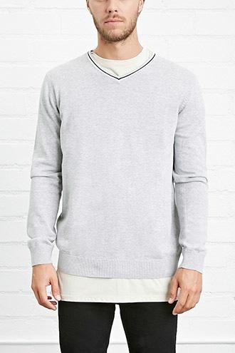 21 Men Men's  Heather Grey & Black Varisty V-neck Sweater