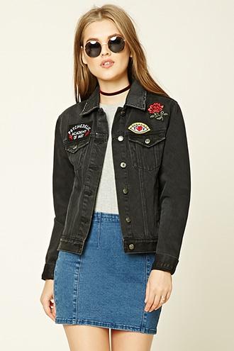Forever21 Women's  Psychedelic Patch Denim Jacket