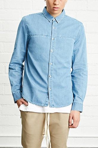 21 Men Men's  Light Denim Slim-fit Denim Shirt