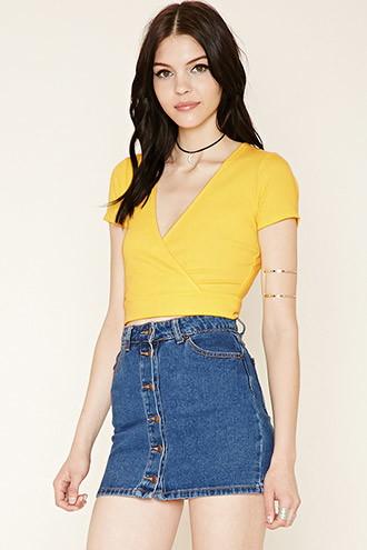 Forever21 Women's  Yellow Ribbed Surplice Crop Top
