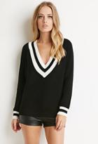 Forever21 Women's  Varsity Stripe V-neck Sweater (black/cream)