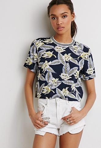 Forever21 Varsity-trimmed Tropical Print Top